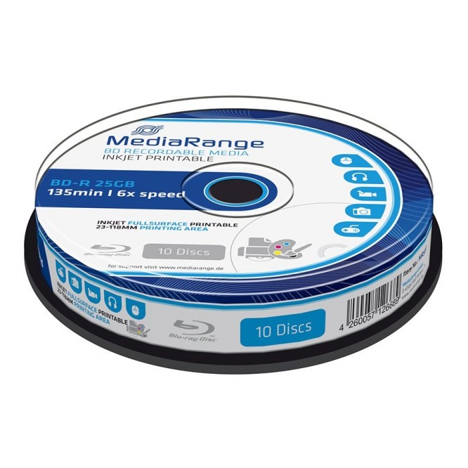 MediaRange 10 Blu Ray BD-R HTL Full Surface Printable 25GB 135 MIN 6X - MR500